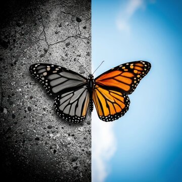 Split monarch butterfly, half gray/damaged, half vibrant orange against sky. Metaphor for change
