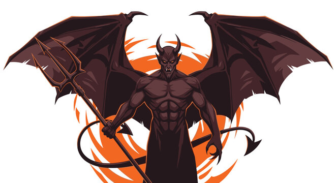 Muscular red devil with large bat-like wings and a long tail holds a sharp pitchfork against an orange sun background in a fantasy scene.