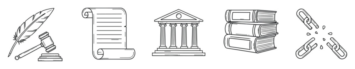 Obraz premium Legal justice system symbols featuring a judge gavel with a quill pen, ancient scroll document, courthouse building, stack of law books, and a broken chain for legal and human rights themes.