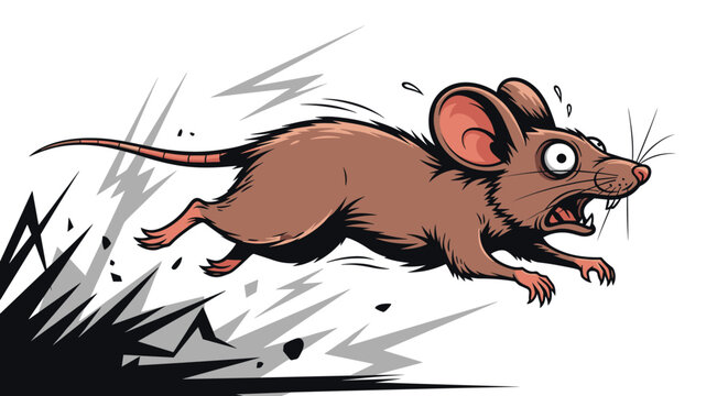 Scared brown mouse running away fast with a terrified expression while dodging debris on a white background in an action-packed scene.