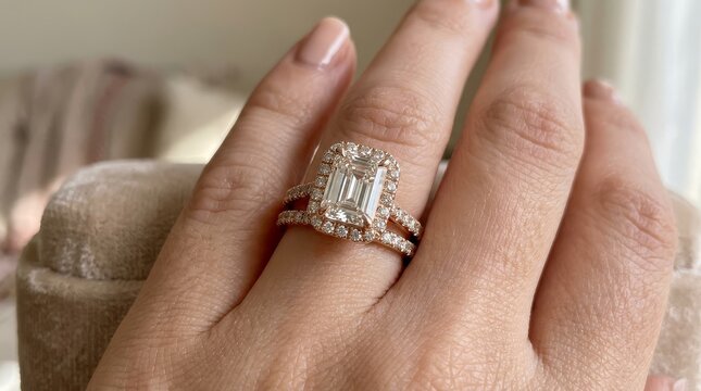 Elegant close up of a woman's hand wearing a sparkling emerald cut diamond engagement ring with a rose gold pav&Atilde;&copy; wedding band indoors under soft natural light
