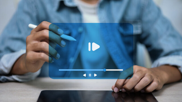 Online Video Streaming Interface with Play Button on Tablet Digital Media Concept