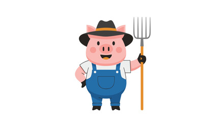 Obraz premium Cheerful pig farmer wearing a hat and blue overalls holds a wooden pitchfork while standing ready for farm work.