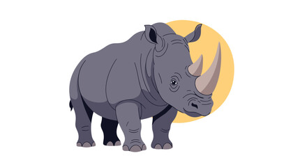 Obraz premium Solid rhinoceros with thick grey skin and large horns stands firmly against a soft yellow circle in a majestic nature pose.