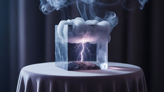 Surreal lightning storm trapped in glass cube, miniature thunderstorm with dark clouds and electric bolt, conceptual weather phenomenon art on pedestal, cinematic atmospheric lighting