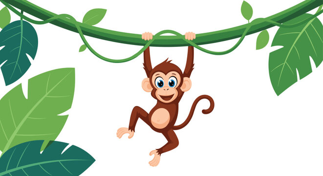 Playful brown monkey swings happily from a green jungle vine surrounded by large tropical leaves in a vibrant forest.