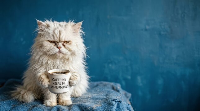 Sleepy white Persian cat looking unamused holding a funny coffee mug with a caffeine quote on a blue background