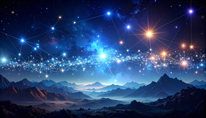 Cosmic night sky above majestic mountains illustration