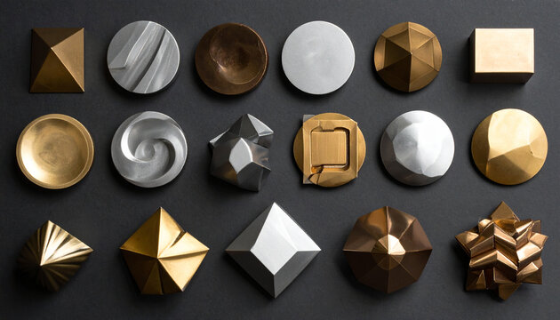 Geometric shapes collection assortment with gold silver and dark background