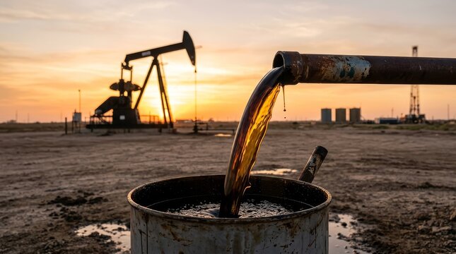 Crude oil flows from a rusty pipe into a barrel at an active oil field during a beautiful golden hour sunset with pumpjacks working in the background under an orange sky