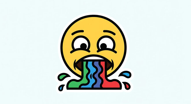 A cartoon emoji face with wide eyes and an open mouth is vomiting a rainbow of colors, with splashes of liquid around it.