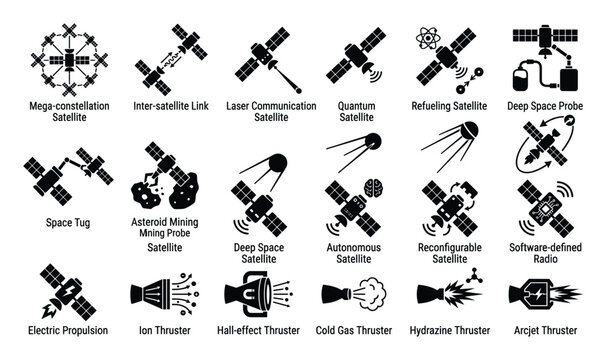 Advanced space technology icons depicting various futuristic satellites for communication, exploration, and servicing, plus diverse propulsion systems for aerospace presentations.