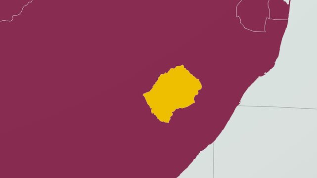 Lesotho map. Animated zoom into the country on the Globe in Pale Mint Dark Pink color palette. Country logo animation with round text and airplanes. Map with meridians, parallels. Creative video.