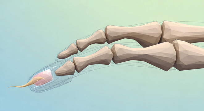 Side view of human finger bones with transparent nail structure showing internal anatomy