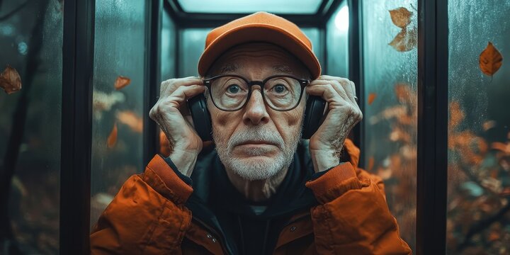 An elderly man wearing glasses and an orange cap adjusts his headphones inside a dimly lit phone booth surrounded by fallen leaves.