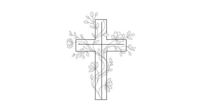 A delicate line drawing of a Christian cross adorned with intricate floral and vine elements, presented on a clean white background.