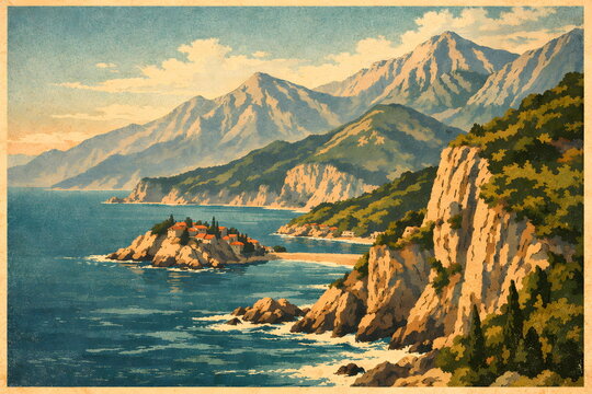Scenic coastal Balcan landscape painting with mountains, sea, and cliffs in a vintage style.
