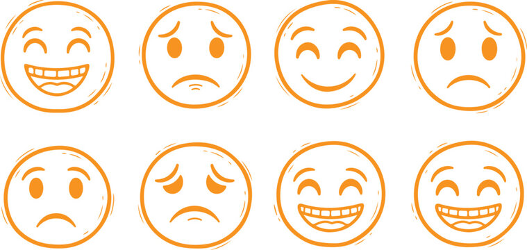 A vibrant collection of orange hand-drawn emojis featuring a variety of facial expressions including happy, sad, laughing, and worried with a playful, sketchy outline.