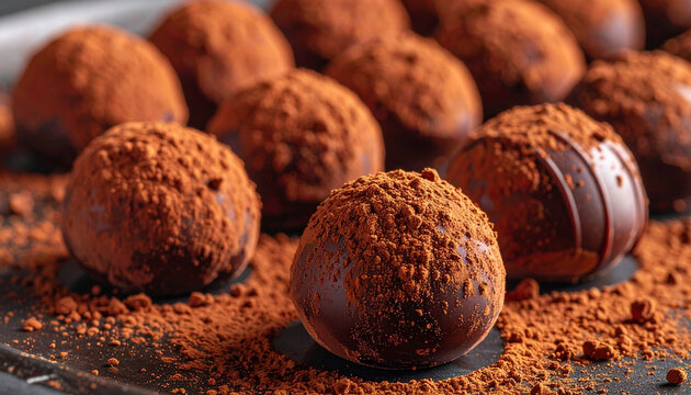 Close up of chocolate truffles dusted with cocoa powder for dessert