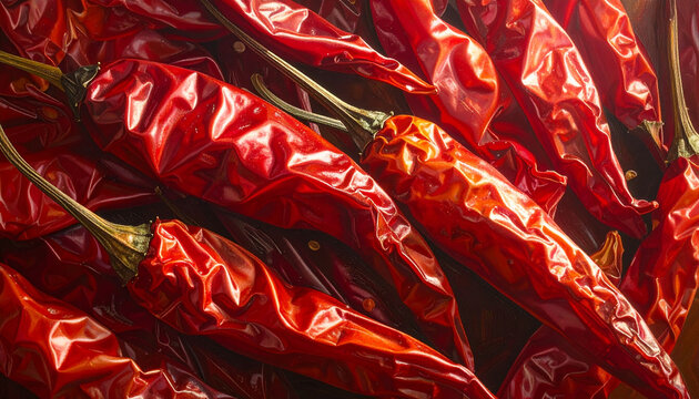 Close up of dried red chili peppers culinary ingredient organic texture