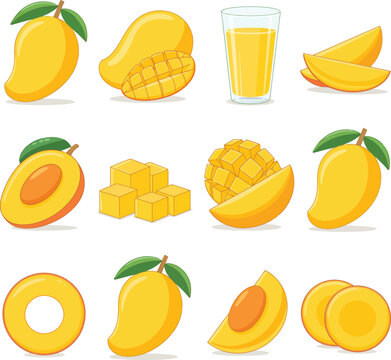 Mango fruit set, flat cartoon illustration, whole slices cubes juice glass, tropical food collection, modern vector design grid layout