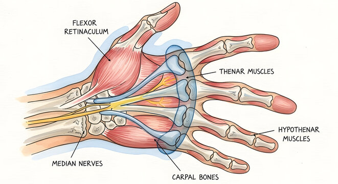 Anatomy of the hand showing median nerves carpal bones thenar and hypothenar muscles