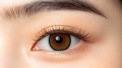 Fototapeta premium Macro eye digital iris brown eye cyber eye human eye technology closeup female beauty eyelash eyebrow skin contact lens biometric sci fi futuristic innovation enhancement detail vision pupil lens