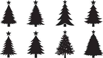 Obraz premium Minimalist black silhouettes of various Christmas trees topped with stars, ideal for festive holiday branding and winter decor.