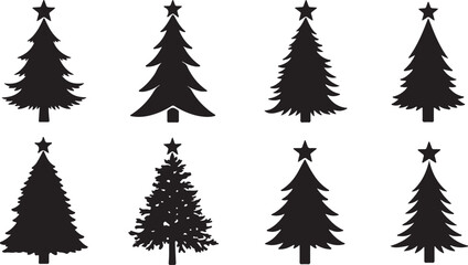 Obraz premium Minimalist black silhouettes of various Christmas trees topped with stars, ideal for festive holiday branding and winter decor.