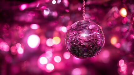 Shiny pink disco ball reflecting light amidst abstract bokeh