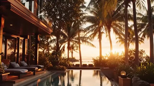 Sunset scene of a luxurious poolside resort with palm trees and a serene atmosphere by the ocean