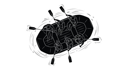 A top down view depicts a raft with multiple rowers navigating water presented as a striking silhouette © Ajahar