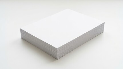 Fototapeta premium A neat stack of plain white blank paper sheets resting on a clean bright white background in a minimalist studio setting from a slightly elevated perspective