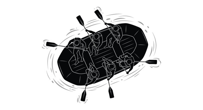 A top down view depicts a raft with multiple rowers navigating water presented as a striking silhouette