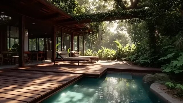 A serene outdoor scene features a pool surrounded by lush greenery and a wooden deck with a covered patio area in a tropical garden setting.