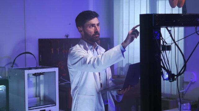 Specialist in laboratory setting scrutinizes medical device prototype using advanced printing technology