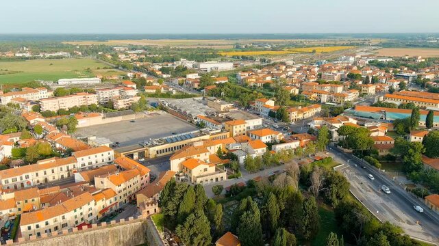 Pisa, Italy. Famous Leaning Tower and Pisa Cathedral in Piazza dei Miracoli. Summer. Morning hours. Drone footage, Departure of the camera