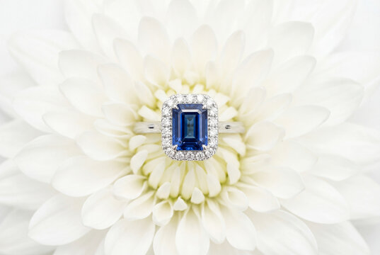 Blue sapphire engagement ring with diamonds on white flower