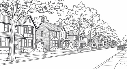 Obraz premium Suburban Street Scene with Houses, Trees, and Cars in Black and White Sketch