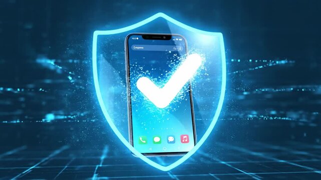 Mobile security concept with glowing shield and tick mobile phone data protection application security system antivirus software safety of information