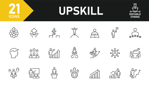 Upskill line icon set. Set of 21 outline icons related to upskilling, personal development, leadership training, selof improvement, professional career and others. Editable stroke. Vector illustration