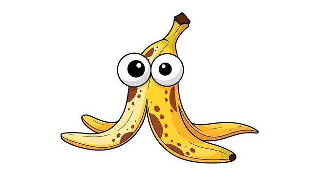 Funny banana peel with big googly eyes, cartoon illustration, suitable for playful and lighthearted designs