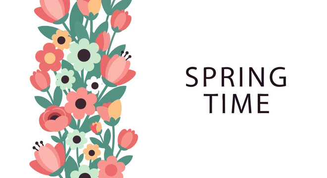 Spring time text with vertical floral border composed of colorful flat vector flowers and leaves on white background