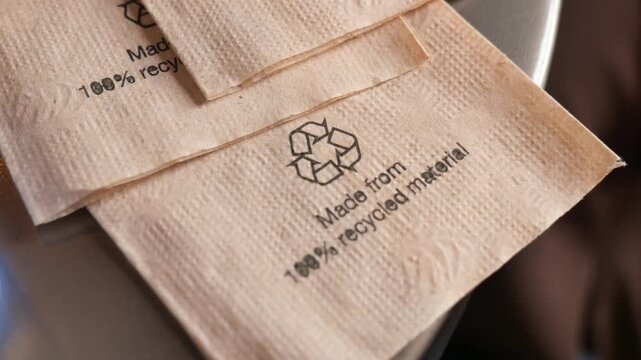 Close up video of multiple brown napkins with a recycle logo and text on them, made from 100% recycled material concept
