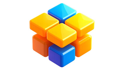 Obraz premium Abstract cube of colorful blocks in blue orange and yellow isolated on black backdrop