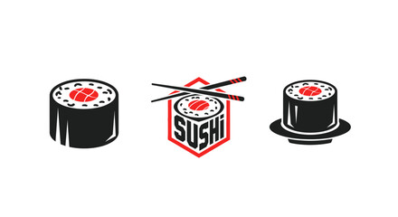 Sushi Icons: Maki Roll, Hexagon Logo, Nigiri on Plate with Chopsticks © Heri_s99