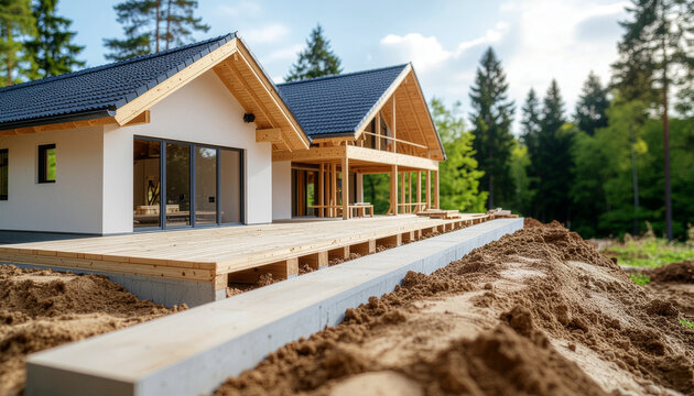 Modern house exterior with deck
