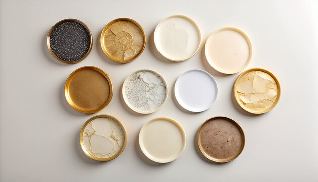 Variety of decorative plates overhead view