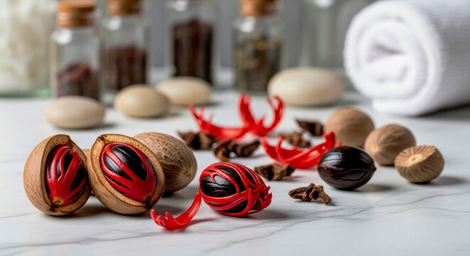 Serene and luxurious spa-inspired arrangement of nutmeg mace and cloves on a white marble surface with a soft towel
