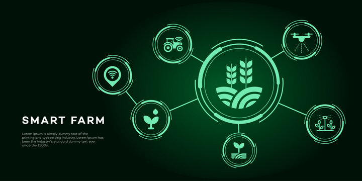 Digital smart farm concept infographic showing drone, autonomous tractor, irrigation, sensors, and crop cultivation for modern agriculture technology.